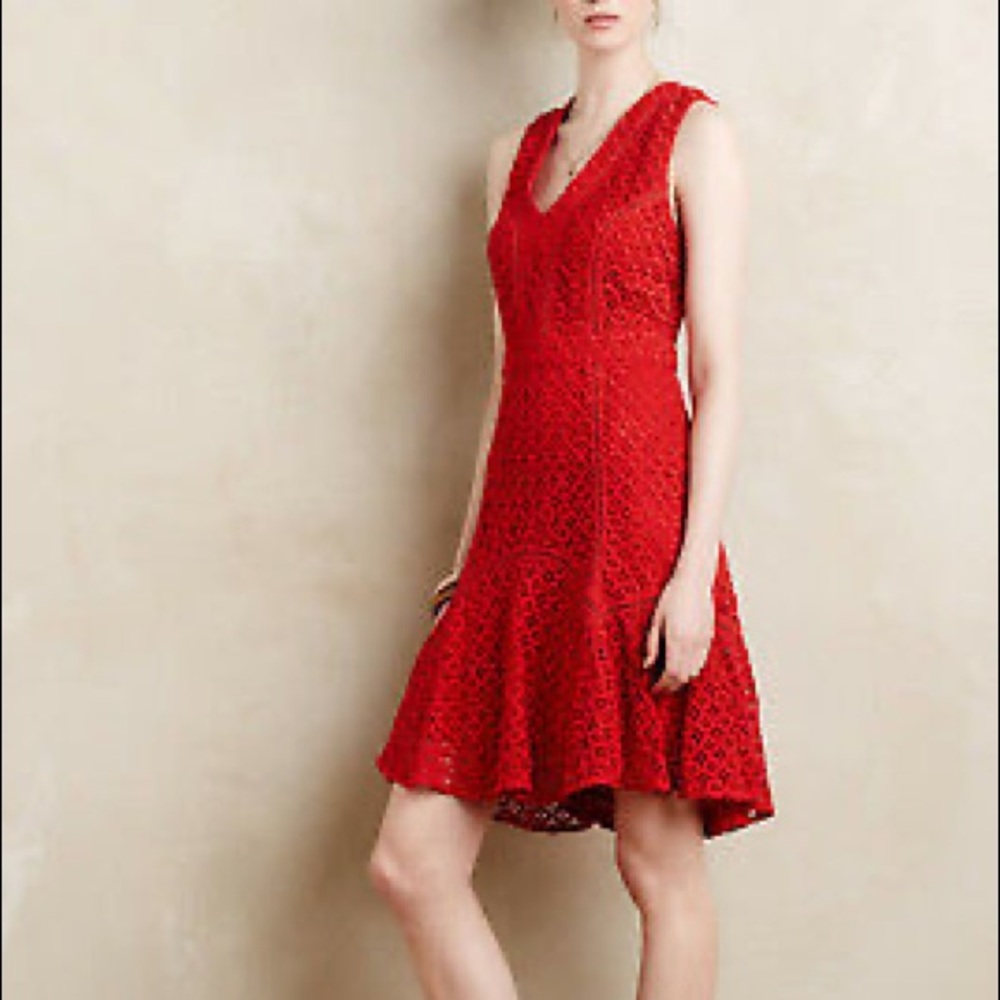 San & Soni Red Flounced Lace Dress from Anthropologie